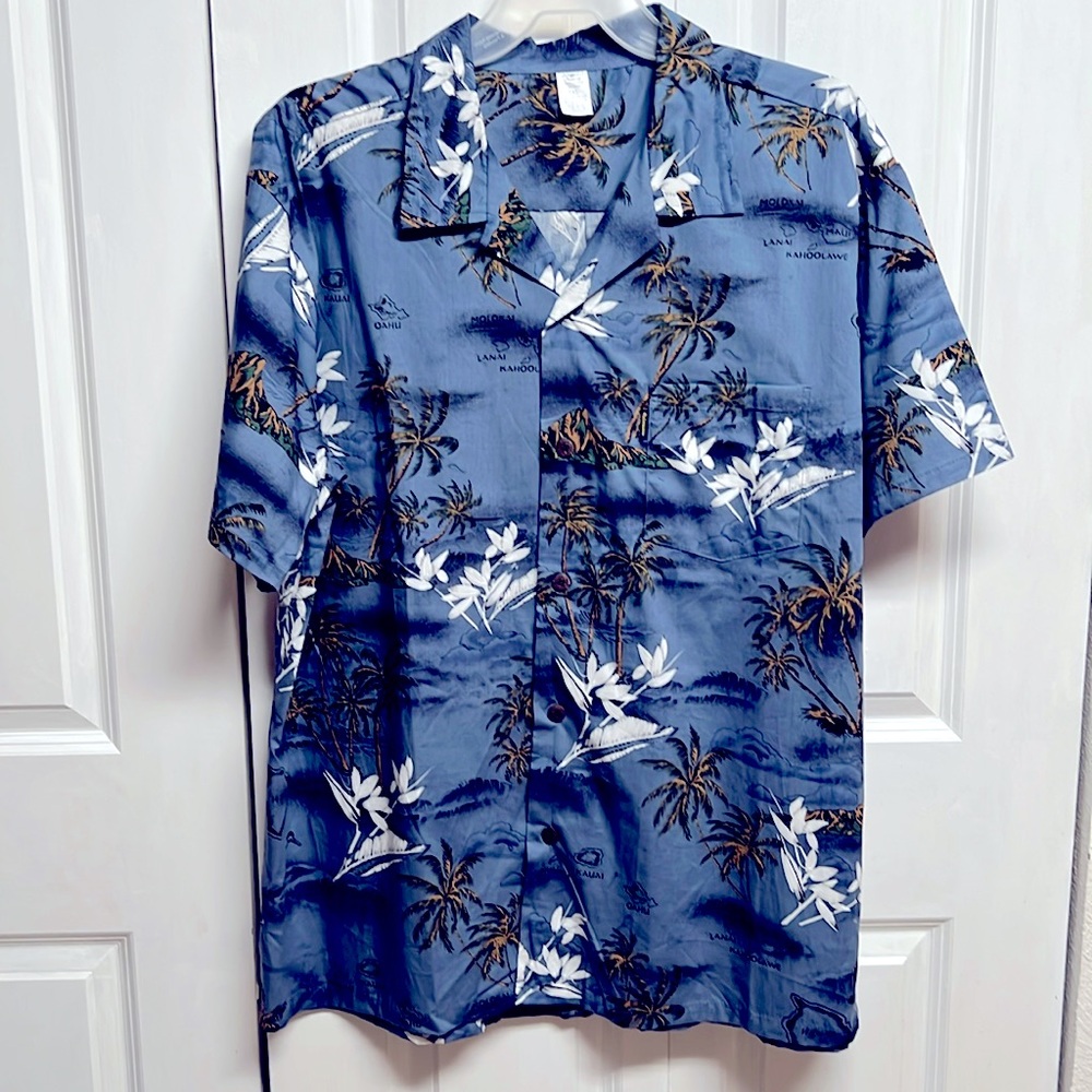 Palm Wave Blue Multi Color Tropical Hawaii Pocket Shirt Size 2XL